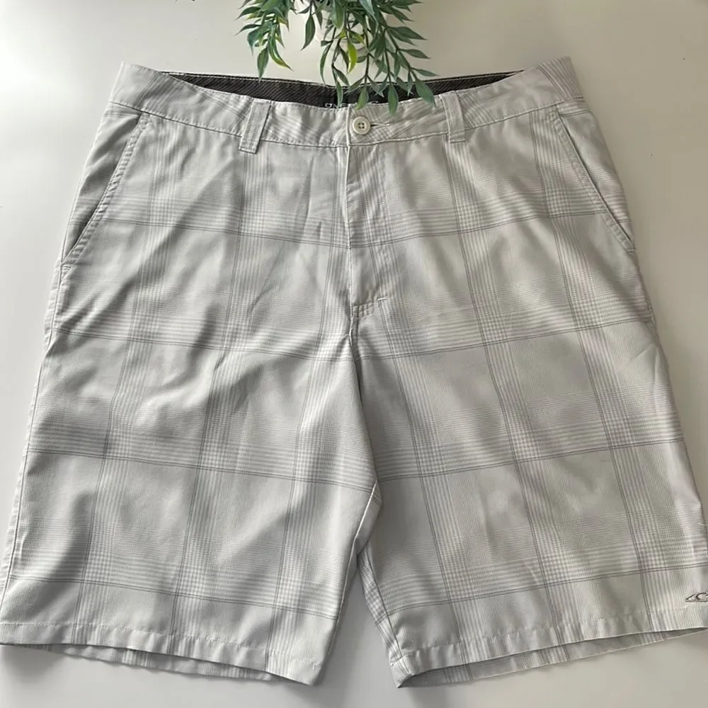 O’Neill golf shorts.  Size 36 waist.  Grey and white plaid.